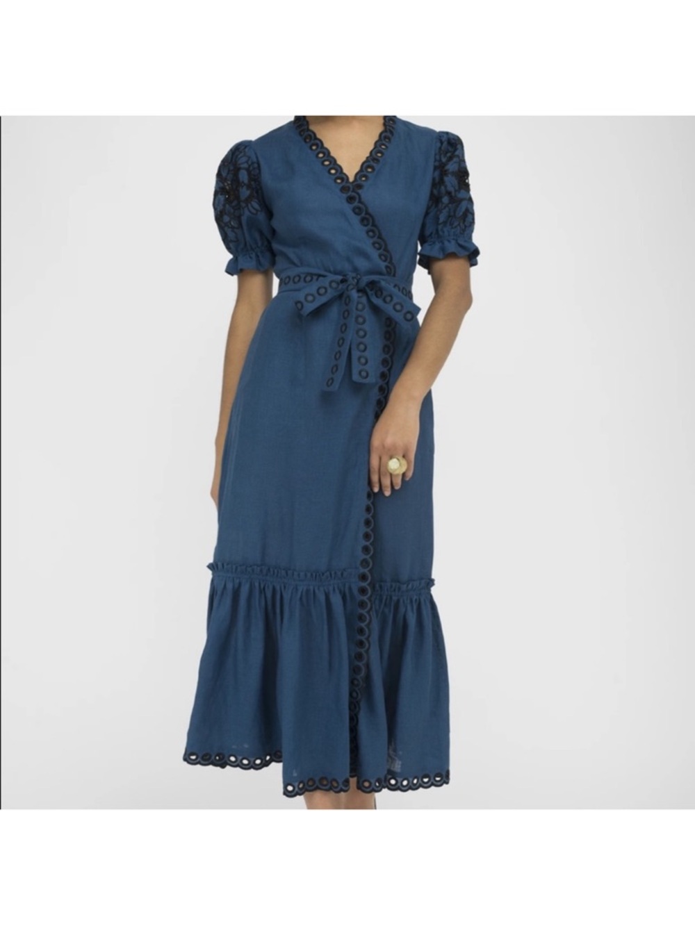 Fanm Mon Navy Eyelet-Trim Wrap Midi Dress
